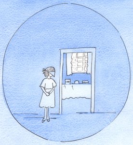 愛情深い父親がパーティーの前に、準備ができている間、目隠しをして待つように彼女に頼むことによって、子供の喜びを増すので、神は私たちの利益のために、前に喜びを隠すかもしれません、2003年（紙にw - c） 作： Elizabeth Wang
