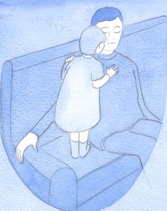 地上の父親が率直な話と優しい抱擁のために彼の小さな子供を持ち上げるとき、神は熟考の祈りで私たちを喜ばせます、2002年（紙にw - c） 作： Elizabeth Wang