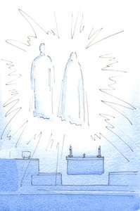 幕屋でキリストに挨拶するとすぐに、2003年の結婚記念日のために、彼が母親と一緒に聖域の高いところに現れるのを見ました（紙にw - c）