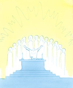私たちがキリストと共に、そしてキリストを通してミサで神を賛美するとき、私たちは天の聖人たち（ここでは祭壇を取り囲んでいます）と聖霊、2003年（紙にw - c）を含む教会全体で神を賛美します 作： Elizabeth Wang