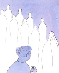 私たちがロザリオを祈るとき、聖人たちは「アヴェ・マリア」の前半に加わり、聖母を称え、彼女の息子であるイエスを賛美するために私たちと一緒に祈ります。、2004年（紙にw - c）