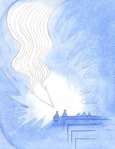聖体拝領では、矢のような大きな炎が降りてきました。キリストは、2001年に彼自身の愛の中で彼の霊の力、父の人生に到着しました（紙にw - c） 作： Elizabeth Wang
