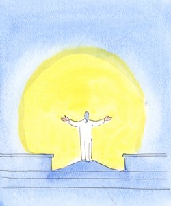 ミサの聖なる犠牲を祝うたびに、キリストは本当に存在し、罪人のために祈り、父を見つめ、2004年にキリストが十字架から祈ったときと同じように（紙にw - c） 作： Elizabeth Wang