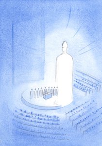 ノック神社の大聖堂の中心で、私は聖ミサの間にイエスを見ました。彼は光で燃えていました、彼の頭の上のマイター、2001年（紙にw - c）