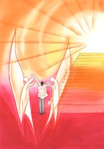 彼の人生の終わりに、忠実な司祭は天使たちに助けられてキラリと光るアルブを身に着け、2002年に父の王位への階段を上ることができます（紙にw - c） 作： Elizabeth Wang