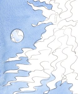 神の頭の大火の「中心」には、2004年の2番目のアダムのようなキリストの姿が立っています（紙にw - c） 作： Elizabeth Wang