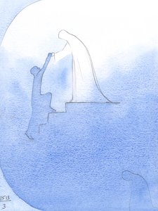 亡くなった魂の助けを求めて、私は私たちの祝せられた女性が彼女の手を差し出し、天国の「端」に寄りかかって彼を栄光に引き上げるのを見ました。、2001年（紙にw - c） 作： Elizabeth Wang
