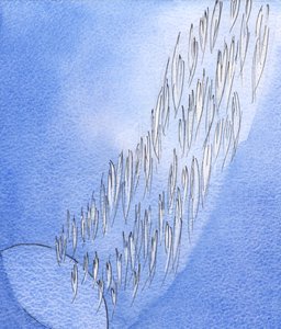 この地球の暗い地球と天国の栄光の間で、光の川のように、明るい天使の守護者の「流れ」が伸びました、2002年（紙にw - c） 作： Elizabeth Wang