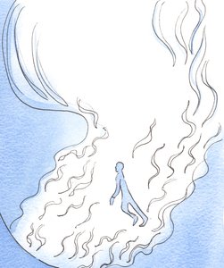 神の子供たちが彼の前で遊んでいるようです、2003年の神の頭の大きくて明るい火から父が手を差し伸べる炎の巻きひげの中で（紙にw - c） 作： Elizabeth Wang