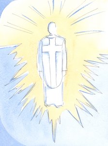 キリスト-ほとんど耐え難いほど眩しく、威厳があり、力強い-は今や天国で君臨し、真の人と真の神、私たちの大祭司、2002年（紙にw - c） 作： Elizabeth Wang