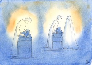 キリストと彼の母親は、私たちが子供の素朴さと信頼をもって彼らに目を向けるときはいつでも喜んでいます、2003年（紙にw - c） 作： Elizabeth Wang