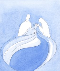 キリストと聖母は天の従者のようであり、霊的な混乱と忍耐から素晴らしい何かが生まれている間、私たちを助けてくれます。2002年（紙にw - c） 作： Elizabeth Wang