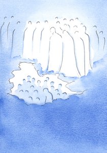 キリストと天国の彼の聖人たちは、2002年に彼の情熱について瞑想している地球上の彼の友人を非常に優しく見下ろしています（紙にw - c） 作： Elizabeth Wang
