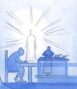 キリストは、私が神と「隣人」への愛を通して（クリスマスカードを書いたり、食事を作ったりするとき）、私の単純な任務を愛情を込めて見ていると私に保証しました。2002年（紙にw - c） 作： Elizabeth Wang