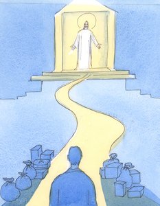 キリストは幕屋で私たちを待っています。まるで天国への「戸口」のように、2004年（紙にw - c） 作： Elizabeth Wang