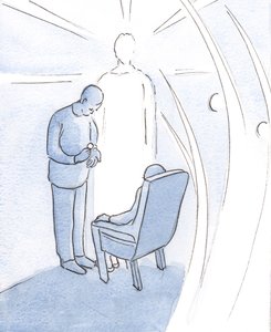 キリストは私たちの病気や悩みの中で私たちを放っておくのではなく、天使たちを伴って彼の聖餐式で私たちのところにやって来ます。、2001年（紙にw - c） 作： Elizabeth Wang