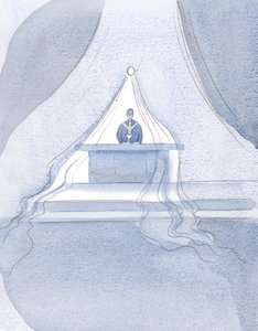 キリストは、まるで上質な布に包まれているかのように、この饗宴で神の食物を食べた人々を天国に向かって引き上げます。2001年（紙にw - c） 作： Elizabeth Wang