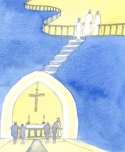 キリストは私たちを祭壇のレールに現れ、聖体拝領を受けるように勧めます。そして人生の終わりに天国の端にあるレールに現れ、神聖になり、入る準備ができました。、2004年（紙にw - c） 作： Elizabeth Wang