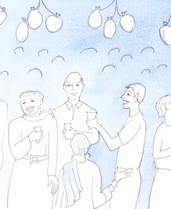 キリストは、私たちが人生や良いたよりを祝うとき、喜びを与え、疲れた心を慰めたいという願望を持って、パーティーで、真の相互の喜びで、友人と食べ物や飲み物を共有することによって喜びをもって見つめます。ヒーブ 作： Elizabeth Wang
