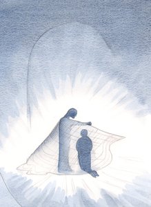 キリストは、2000年の寛大さを通して、私が今着ている金のマントを見させてくれました（紙にw - c） 作： Elizabeth Wang