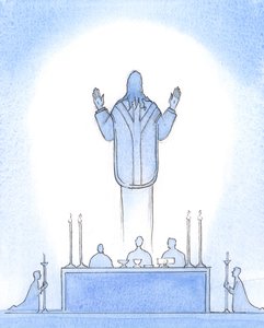 私たちの復活した主キリストは、まるで墓から昇るように祭壇の上にいました。彼の手は父に向かって持ち上げられ、私たちの大祭司である彼を信じる私たちのために介入しました。、2003年（紙にw - c） 作： Elizabeth Wang