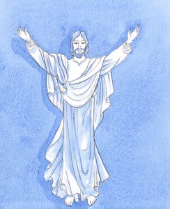 キリストは、2004年の多くのキリスト教の画像に示されている方法で私たちを受け入れるように手を差し伸べています（紙にw - c） 作： Elizabeth Wang