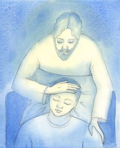 キリストは私たちの痛みと倦怠感を見て、母親が子供の髪を撫でるように、慰めと安心を提供するために聖体拝領で私たちのところにやって来ます。、2004年（紙にw - c） 作： Elizabeth Wang
