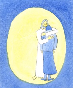 キリストは聖体拝領で私を抱きしめていることを示しました。子供を抱きしめて彼女を慰め、私の困難を乗り越えてくれるように。、2004年（紙にw - c） 作： Elizabeth Wang