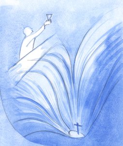 キリストは、彼の使徒たちに、彼の血の杯を持って、そしてすでに苦しみの彼の「穴」を見て、2001年に大きな勇気を持って話しました（紙にw - c） 作： Elizabeth Wang