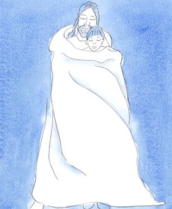 キリストは聖体拝領で私たちのそばに立ち、私たちを彼のマントで包み、男が嵐の中で友人を覆い、彼の友人を近づけ、彼に保護、暖かさ、そして慰めを与えるように。、2004年（紙にw - c） 作： Elizabeth Wang