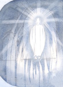 キリストは、崇拝する天使たちに囲まれて、幕屋の前に立っていました。、2000年（紙にw - c） 作： Elizabeth Wang