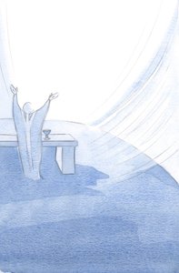 キリストは彼女の人生のあらゆる瞬間に彼の聖なる教会を支え、彼が彼の聖なる犠牲を捧げるときに腕を伸ばします。、2001年（紙にw - c） 作： Elizabeth Wang