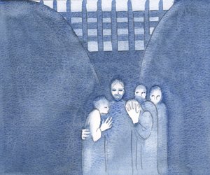 十字架につけられたキリストは、2000年に彼のために苦しむすべての人に特に近いです（紙にw - c） 作： Elizabeth Wang