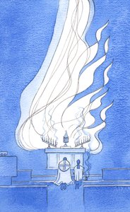 祭壇の上でのキリストの本当の存在はとても輝かしく、まるで賛美と栄光の火が父に向かって舞い上がるかのようです、2002年（紙にw - c） 作： Elizabeth Wang