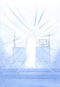 聖なるミサの間、奉献において、私はイエスを愛する人々とここにいることに喜びに満ちていたイエスを見ました、2000年（紙にw - c） 作： Elizabeth Wang