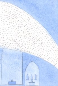 聖なる犠牲の間に、何千もの輝く聖人の顔が私たちの祝賀会、2002年を下向きに見つめます（紙にw - c） 作： Elizabeth Wang