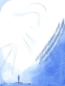 「聖なる、聖なる、聖なる主」を祈るたびに、2003年に天国で同じ賛美を捧げる聖人と天使たちと声を合わせます（紙にw - c） 作： Elizabeth Wang