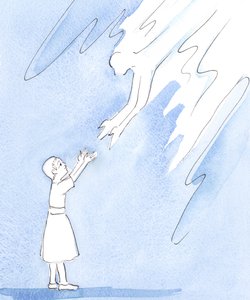 神は彼の「子供たち」の一人からの愛の叫びを、彼の小さな子供からの愛の叫びを聞いた地上の父親が感じた喜びで迎えます、2004年（紙にw - c） 作： Elizabeth Wang