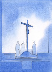 神は私に、聖なる犠牲を捧げた私たちの3人の司祭が、2002年にキリストが死んだ十字架の周りに立っていることを示しました（紙にw - c） 作： Elizabeth Wang