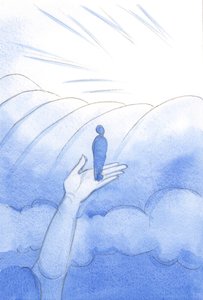 神は時々私たちに祈りを呼びかけます、そして私たちは地上の思考の雲の上で、そして「源」、父、2001年の近くでキリストによって支えられています（紙にw - c） 作： Elizabeth Wang