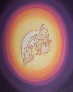 受肉の恐ろしい犠牲を知っている父なる神は、彼の聖霊を通して、私たちの救いのために地球に来ることに喜んで同意する彼の最愛の息子に手を差し伸べます、2003年（船上の油） 作： Elizabeth Wang