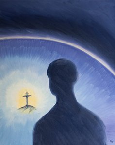 父なる神は、キリストが罪人を救うという彼の計画を実行するために進んで苦しんだので、愛と称賛の中で見下します、2003年（船上の油） 作： Elizabeth Wang