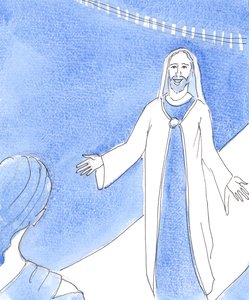 父なる神は、美徳に失敗した人が悔い改めたときはいつでも、無限の親切で見守っています、2004年（紙にw - c） 作： Elizabeth Wang