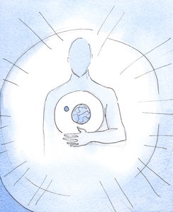 私たちを作った神は、2003年の彼の無限の愛を通して、すべての創造物を存在させているので、私たちを彼の「心」に抱きます（紙にw - c） 作： Elizabeth Wang