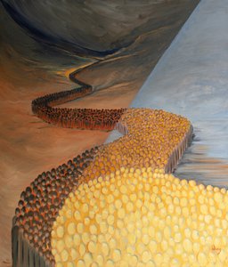 神の聖なる人々は古代から私たちの日、2001年まで川のように伸びています（船上の油）