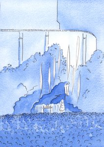 聖なるミサはルルドの洞窟で祝われます。天使たちは洞窟の上に浮かんでいます、2002年（紙にw - c）