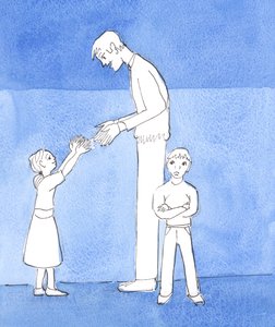 地上の家で、子供が従わず、不平を言い、叫び、切手、不機嫌になり、感謝の気持ちを欠くのは、どれほど悲しいことか、2004年（紙にw - c） 作： Elizabeth Wang