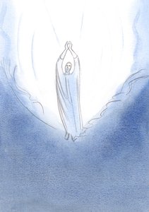 私はキリストが天国の瀬戸際に立っているのを見ました。彼の腕は祈りの中で広げられました。私が父に求めるものは何でも、天国のイエスは私にそれを求めます。、2001年（紙にw - c） 作： Elizabeth Wang