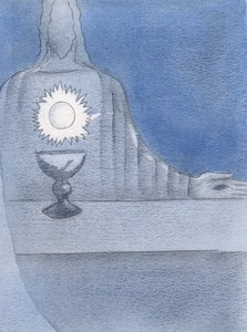 私はイエスが祭壇に本当にいるのを見ました。そして私はホストが「彼の心として」キラリと光るのを見ました、2000年（紙にw - c） 作： Elizabeth Wang