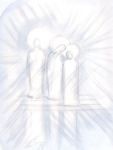 私はイエスをはっきりと見ました、彼の聖母は彼のそばにいて、聖ヨセフは彼女のそばにいました。キリストは、ヘルパーと例として、2000年にそれらを私たちに与えます（紙にw - c） 作： Elizabeth Wang